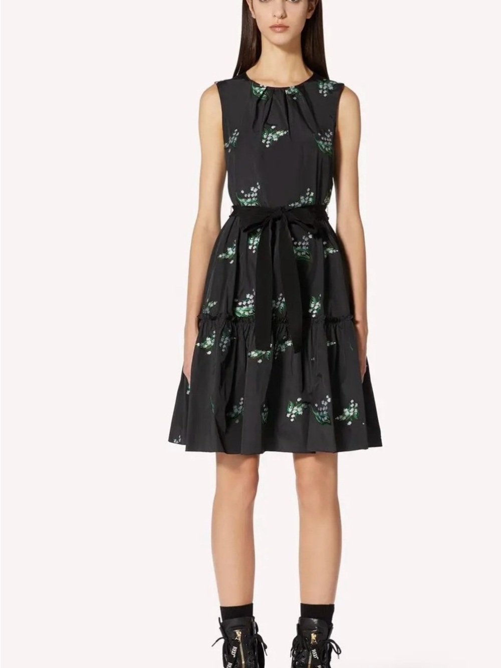RED Valentino Black Floral Tiered Sundress with Green Accents